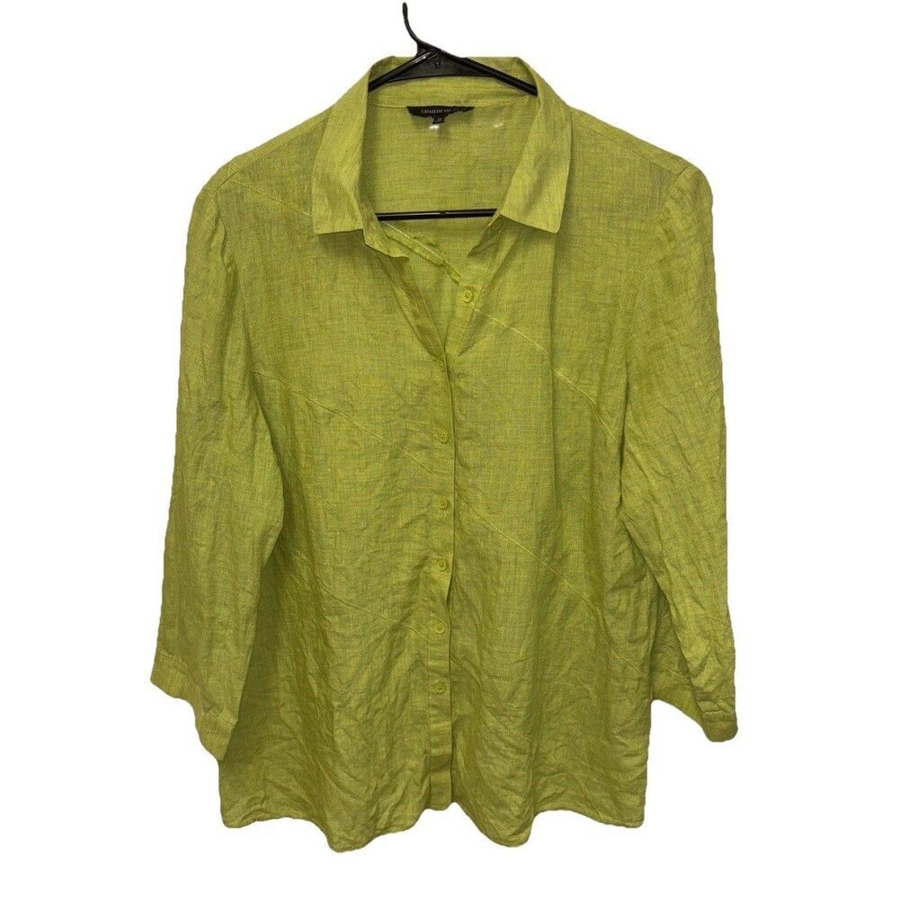 Lafayette 148 New York Linen Buttons 3/4 Sleeve Top Shirt 12 Chartreuse Collar